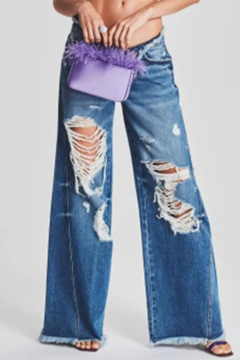 Kaynafashions - Casual Solid Ripped Patchwork Mid Waist Regular Denim Jeans (Subject To The Actual Object)
