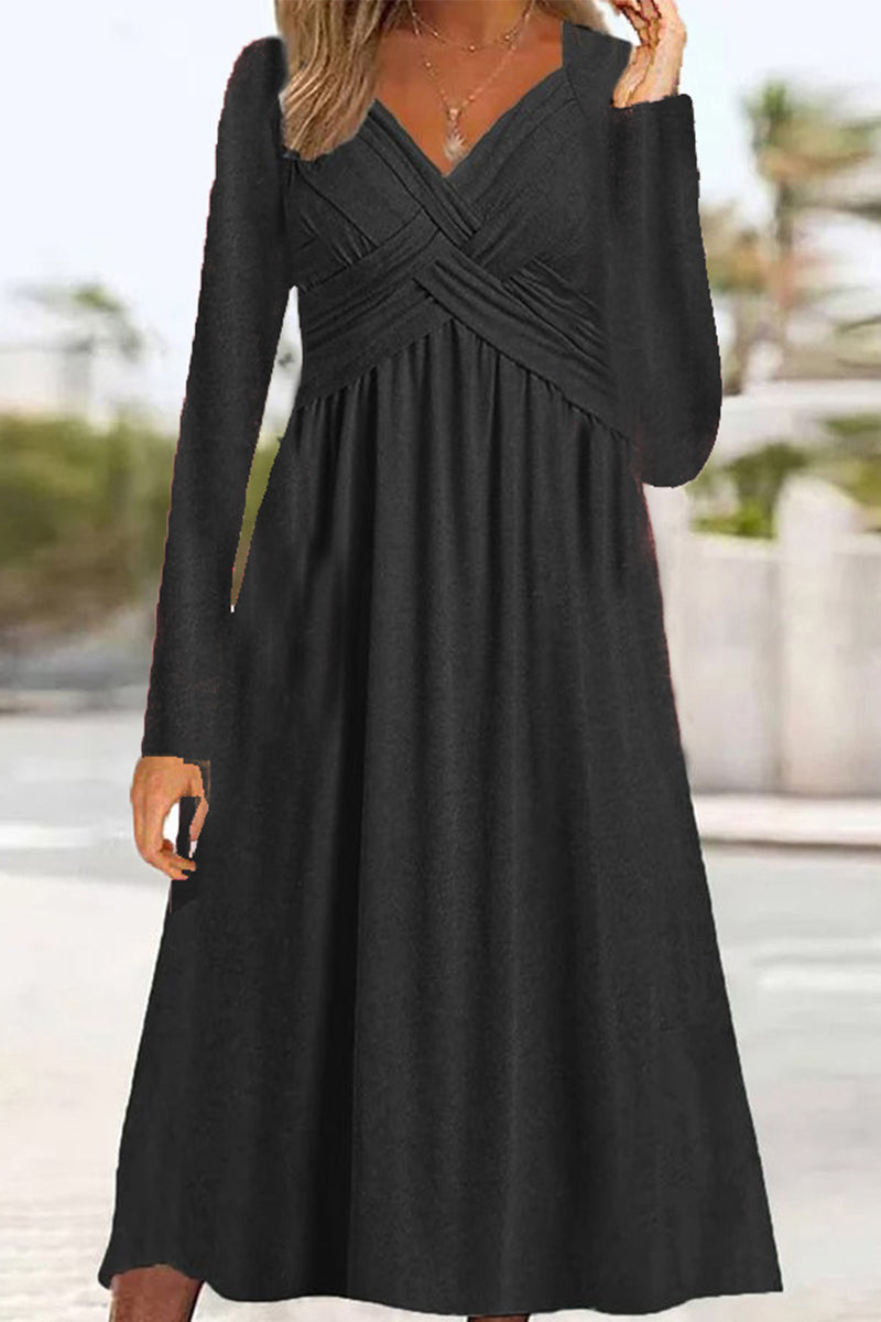 Kaynafashions - Casual Solid Patchwork V Neck Long Sleeve Dresses