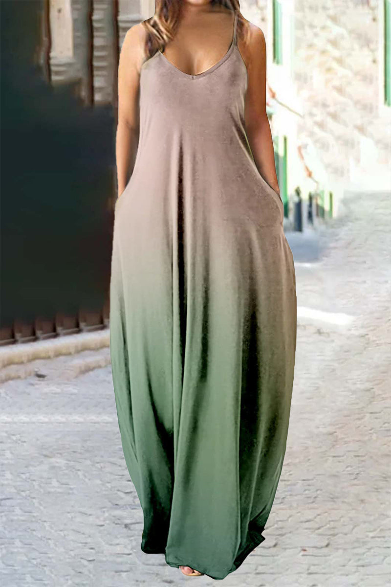 Kaynafashions - Plus Size Casual Vacation Gradual Change Pocket Contrast V Neck Printed Dress Dresses