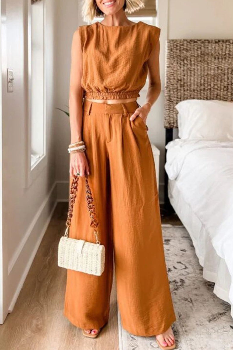 Kaynafashions - Casual Solid Pocket O Neck Sleeveless Two Pieces