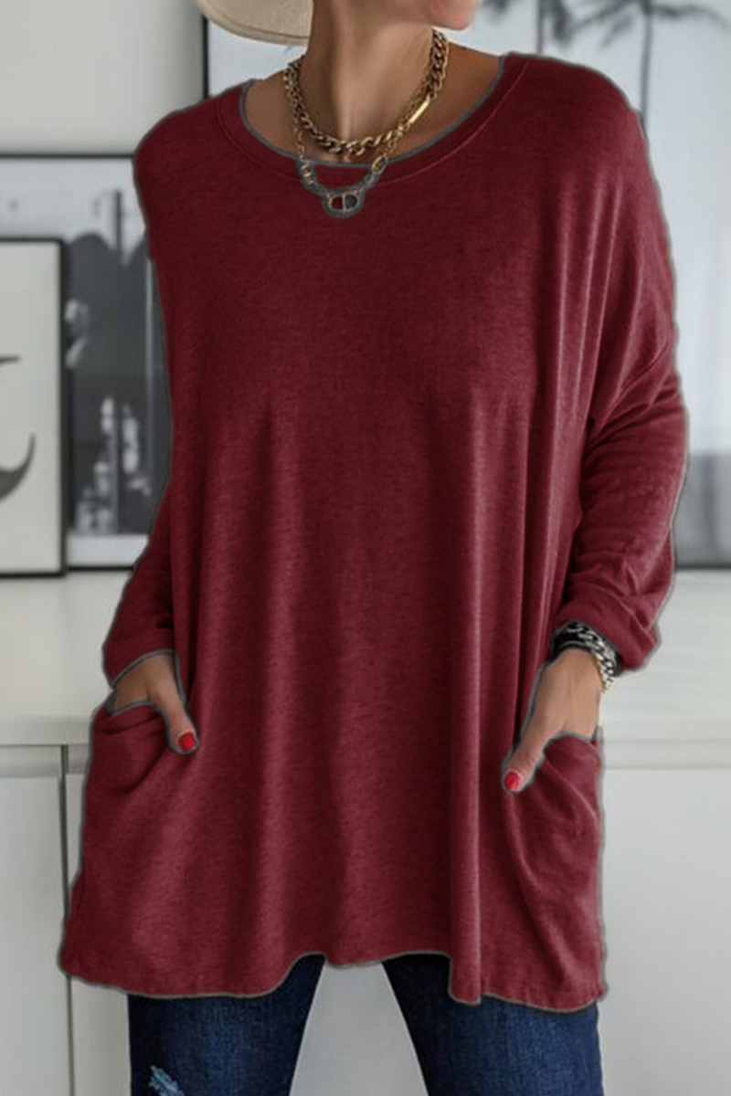Kaynafashions - Casual Solid Patchwork Pocket O Neck Tops