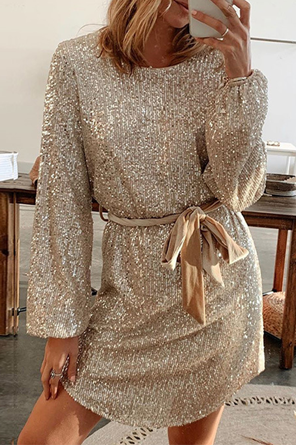 Kaynafashions - Elegant Solid With Belt Sequins O Neck A Line Dresses