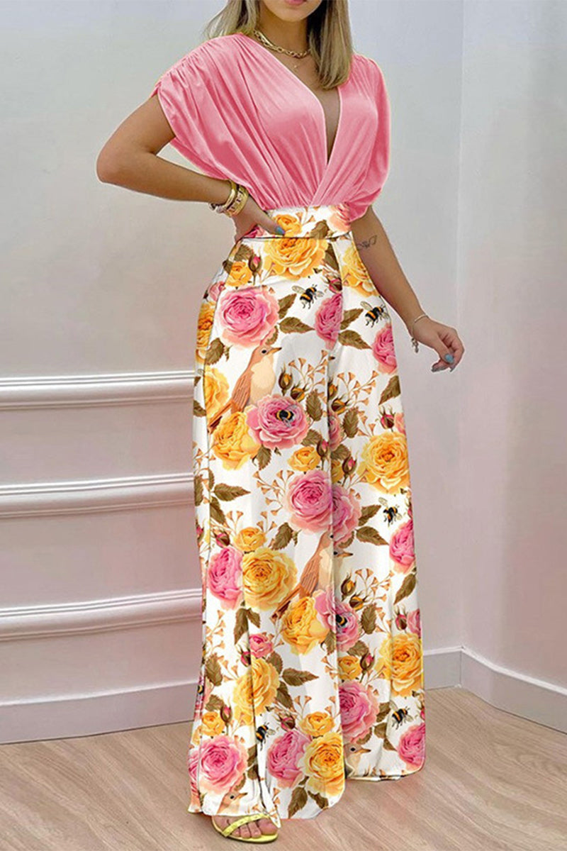 Kaynafashions - Elegant Print Solid Patchwork V Neck Short Sleeve Two Pieces