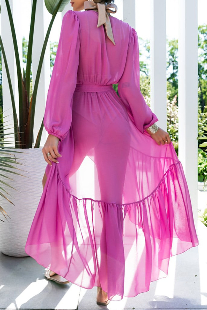 Kaynafashions - Street Solid Bandage Mesh V Neck Waist Skirt Dresses