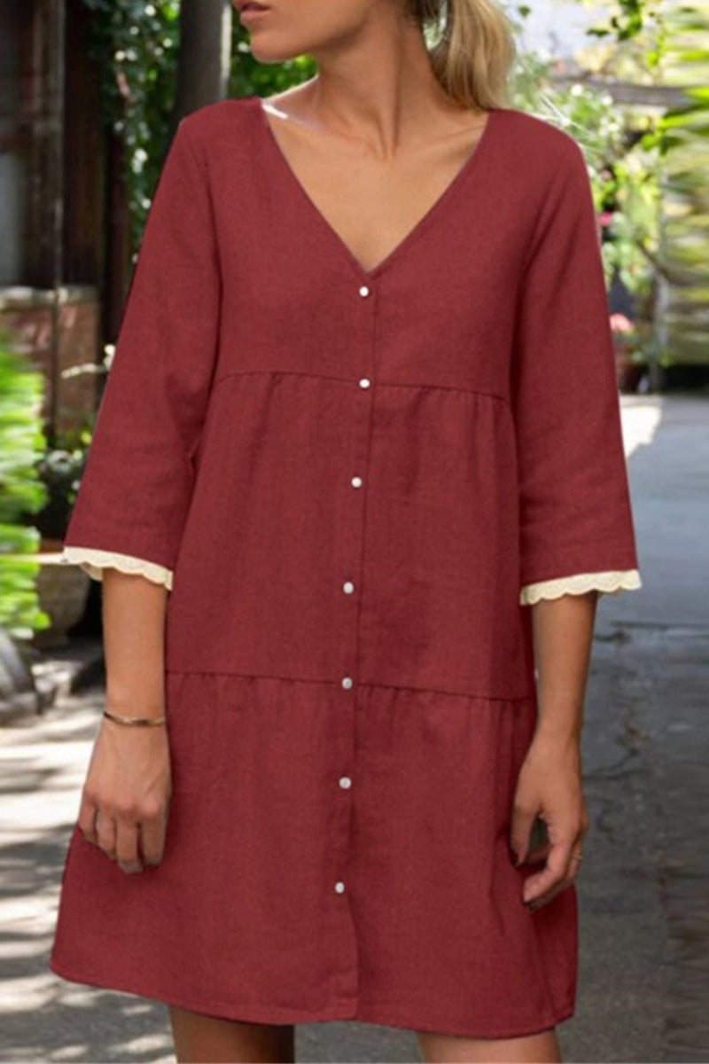 Kaynafashions - Casual Simplicity Solid Patchwork V Neck A Line Dresses