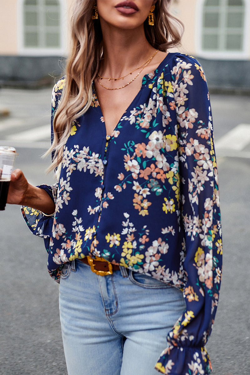Kaynafashions - Sweet Elegant Floral Buttons V Neck Tops