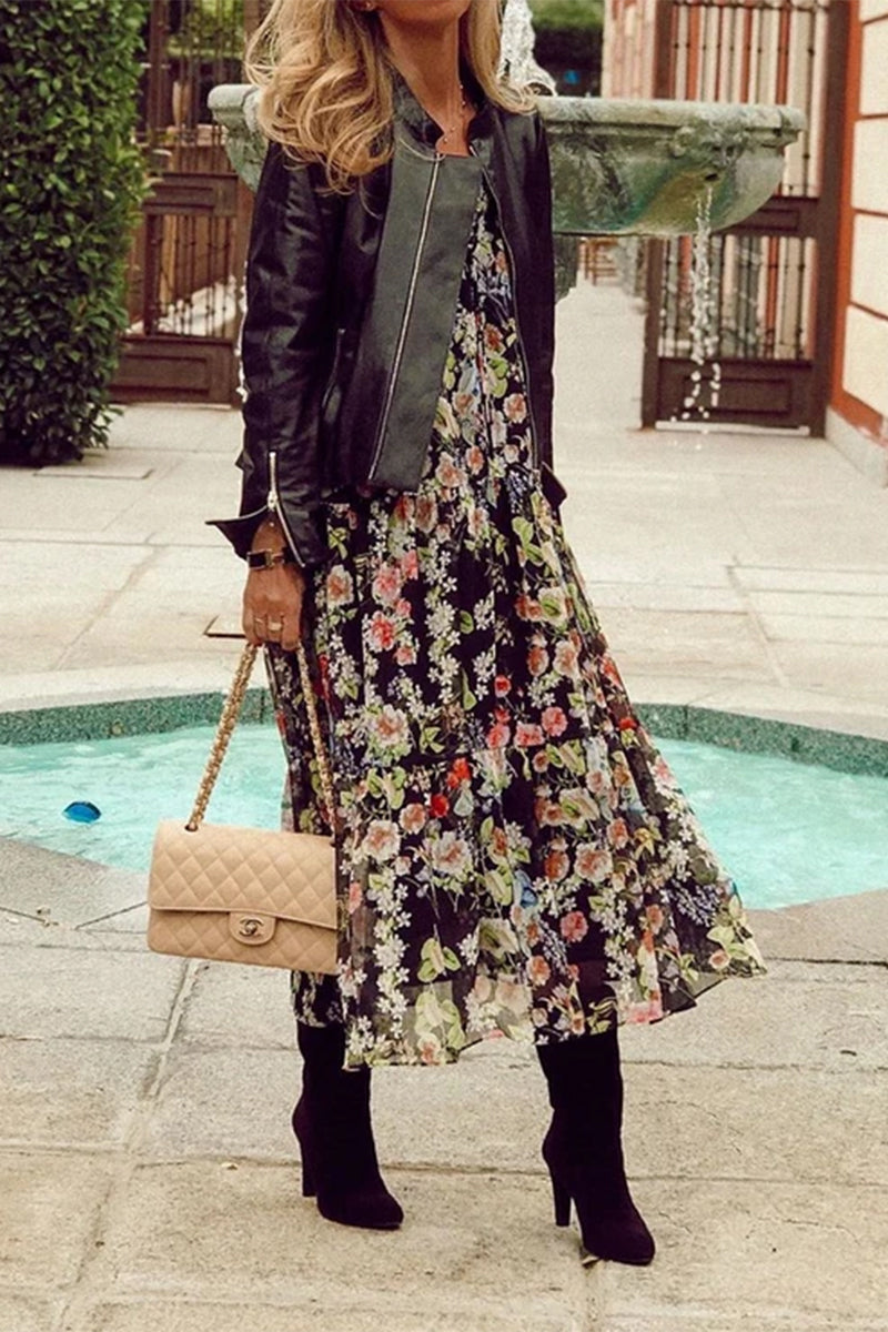 Kaynafashions - Casual Print Patchwork V Neck Cake Skirt Dresses