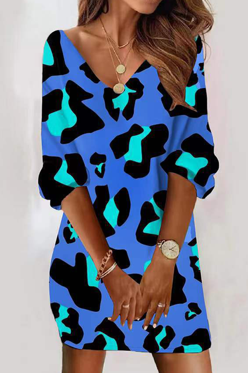 Kaynafashions - Casual Print Patchwork V Neck Straight Dresses(5 colors)