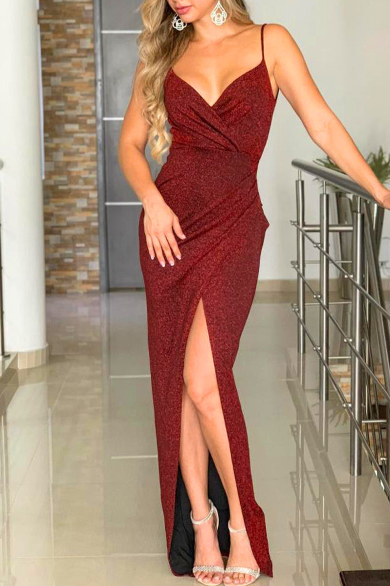 Kaynafashions - Sexy Party Solid Slit Fold Sequined V Neck Sling Dress Dresses(3 Colorts)