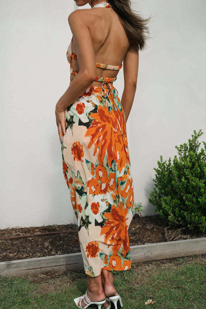 Kaynafashions - Sexy Floral Backless V Neck Printed Dress Dresses