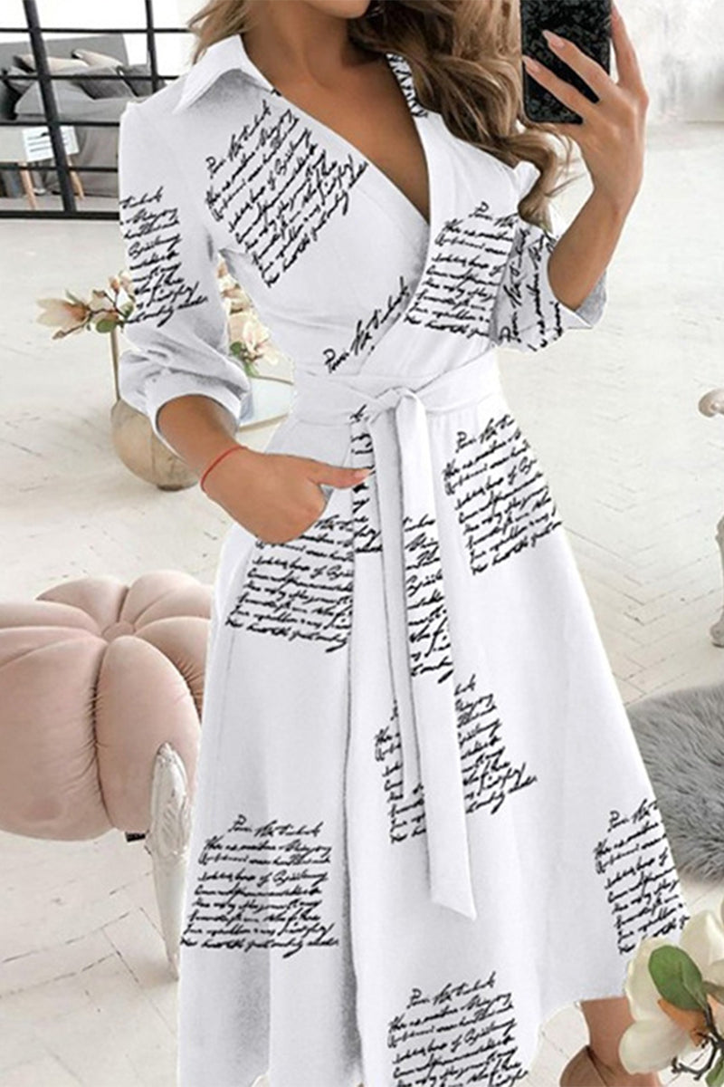 Kaynafashions - Elegant Print Printing Turndown Collar A Line Dresses