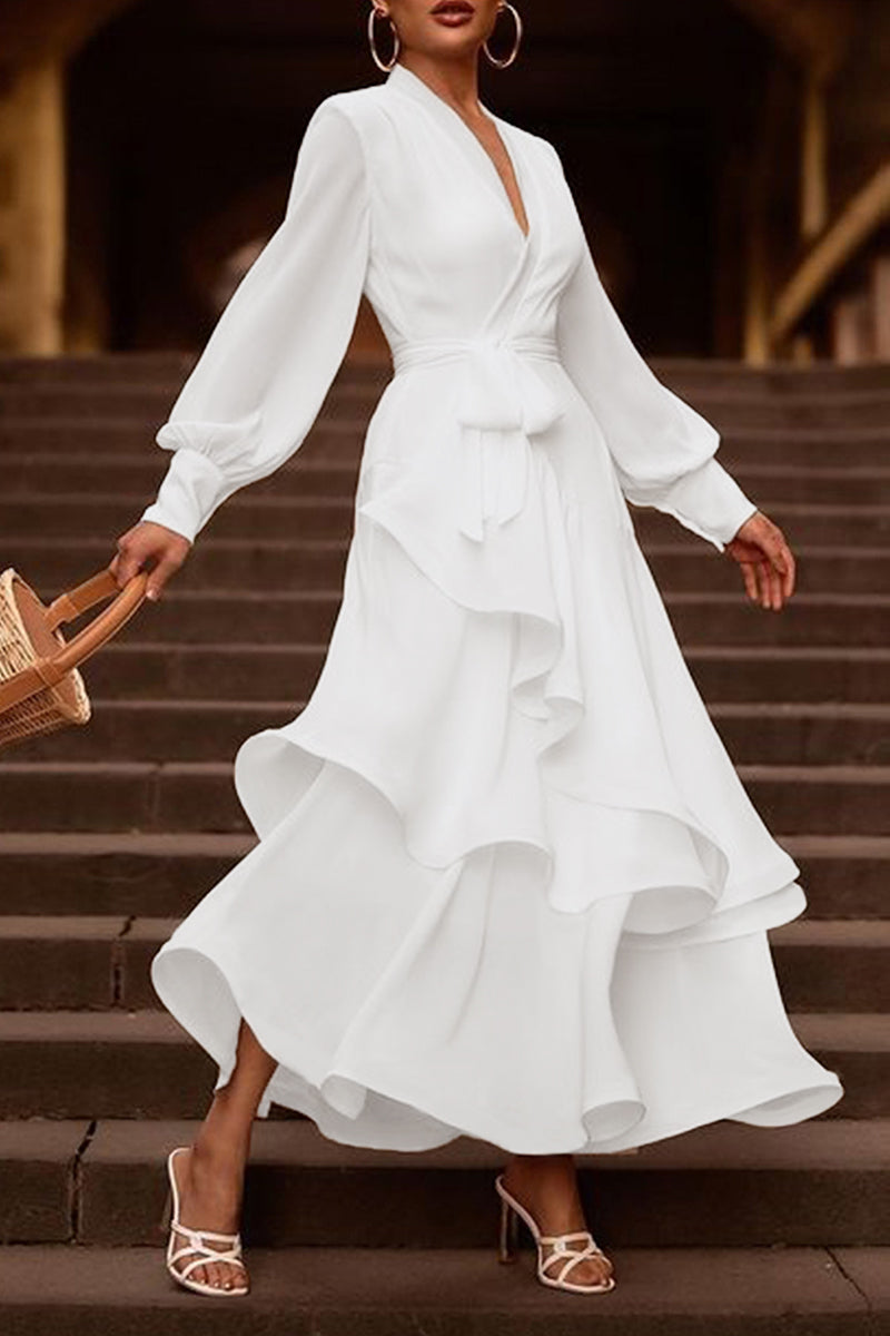 Kaynafashions - Elegant Simplicity Solid Flounce V Neck Irregular Dress Dresses