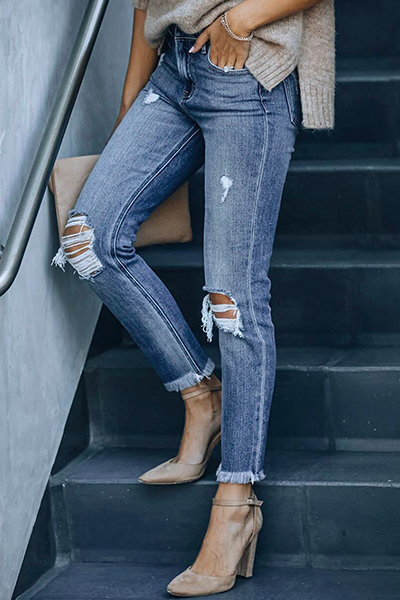 Kaynafashions - Casual Solid Tassel Ripped Pencil Bottoms