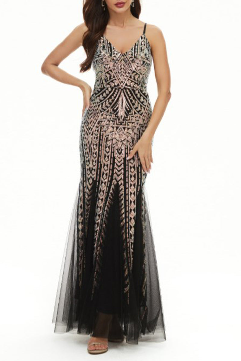 Kaynafashions - Sexy Celebrities Patchwork Sequins V Neck Evening Dress Dresses(4 Colors)