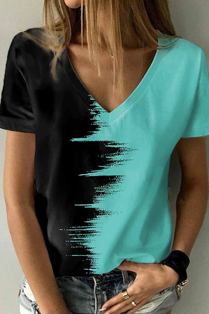 Kaynafashions - Street Print Patchwork V Neck T-Shirts(12 Colors)