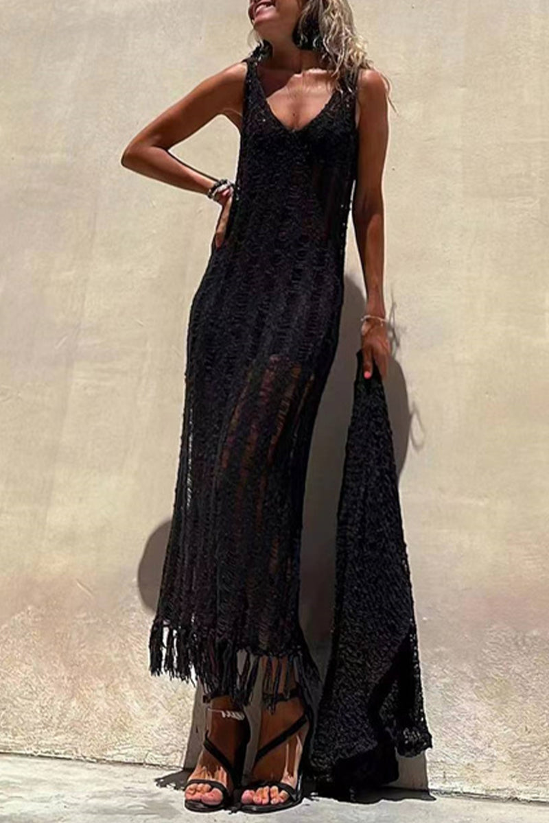 Kaynafashions - Sexy Solid Tassel Hollowed Out V Neck Sling Dress Dresses