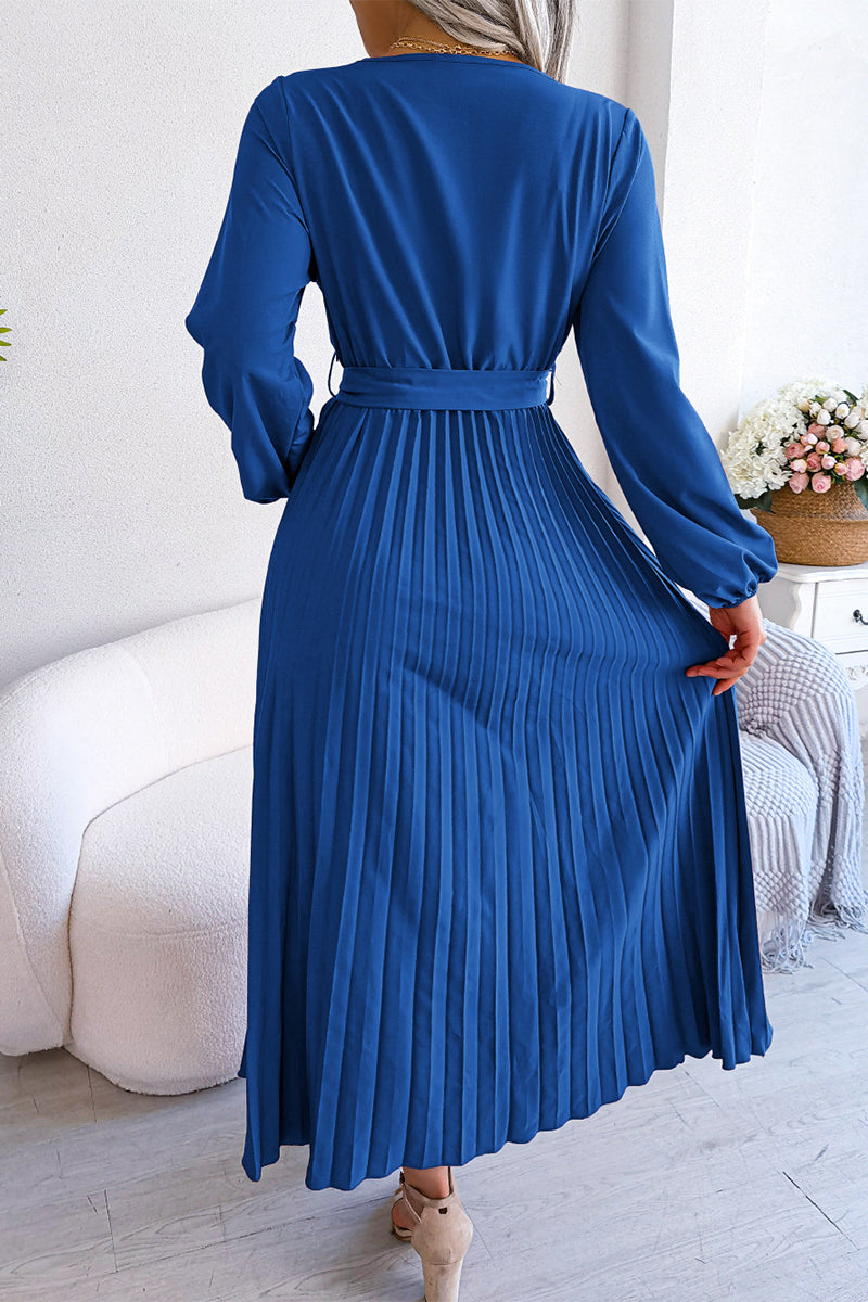 Kaynafashions - Elegant Solid Frenulum Fold V Neck Pleated Dresses(5 Colors)