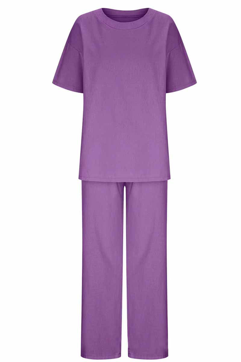 Kaynafashions - Casual Living Solid O Neck Short Sleeve Two Pieces(11 Colors)