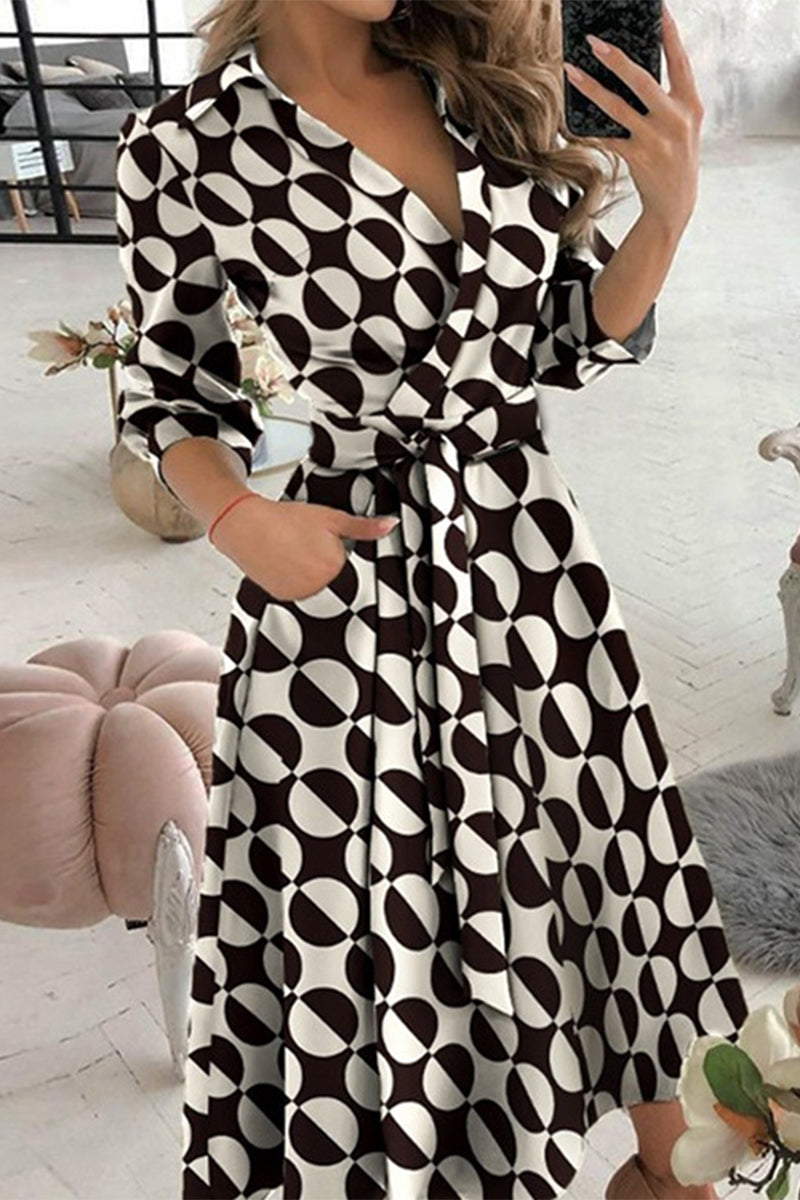 Kaynafashions - Elegant Print Printing Turndown Collar A Line Dresses
