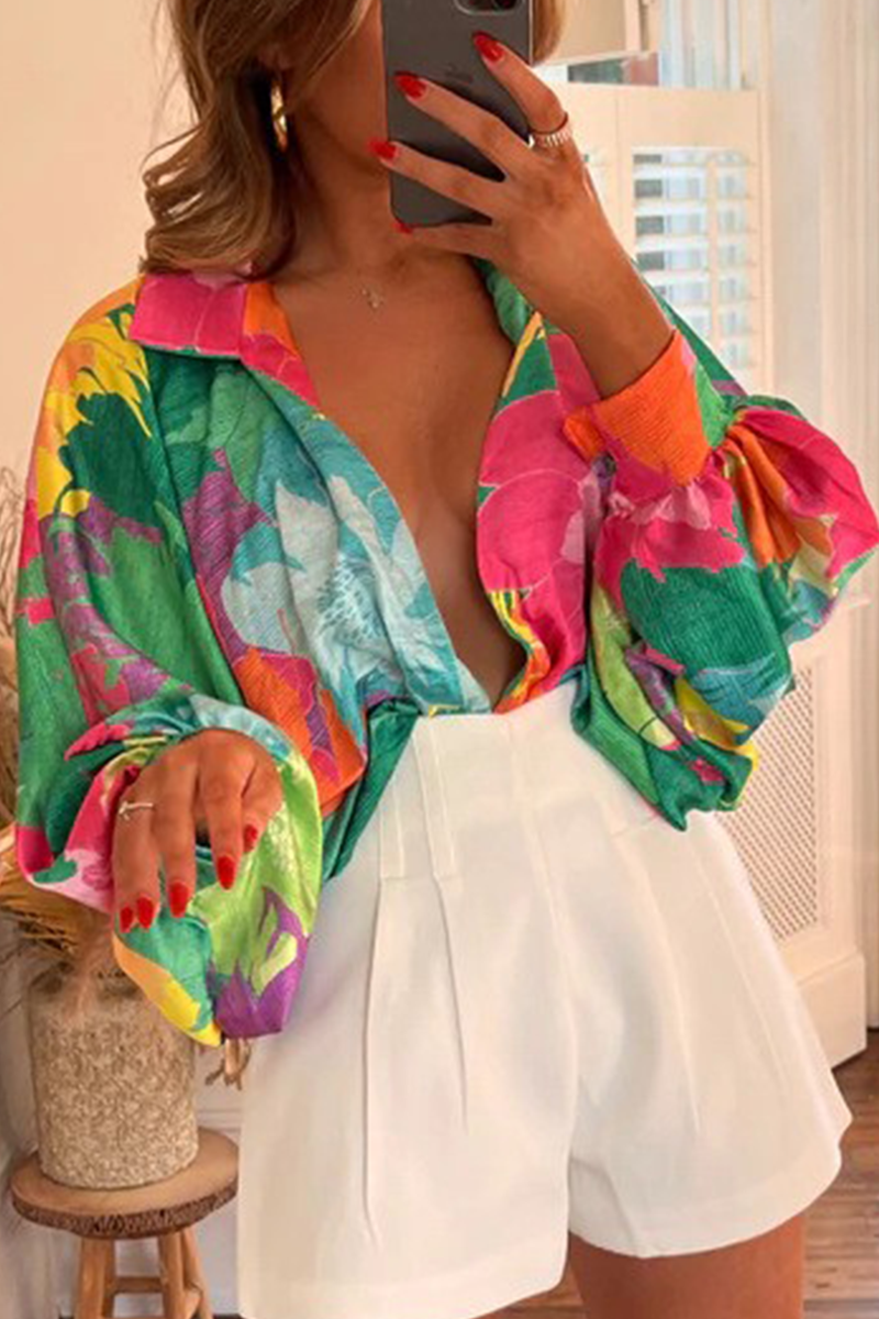 Kaynafashions - Casual Print Patchwork Turndown Collar Blouses(4 Colors)