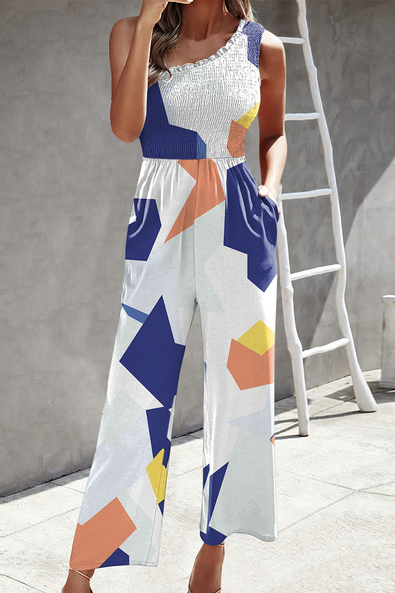 Kaynafashions - Casual Print Patchwork Pocket Oblique Collar Loose Jumpsuits
