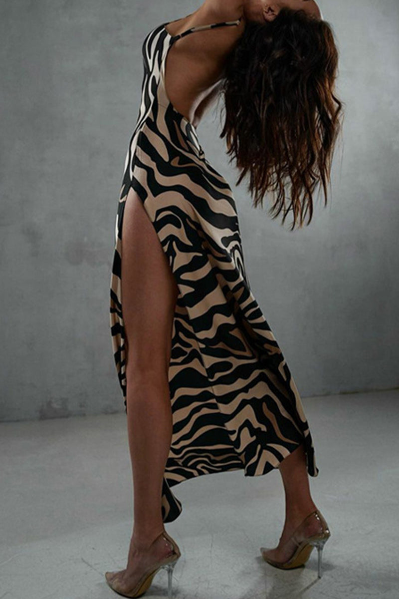 Kaynafashions - Sexy College Animal Print Print High Opening V Neck Sling Dress Dresses