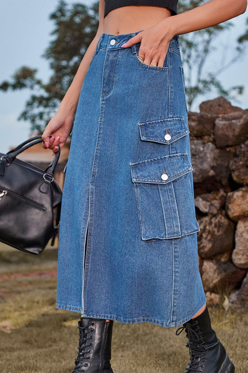 Kaynafashions - Casual Street Solid Slit High Waist Denim Skirts