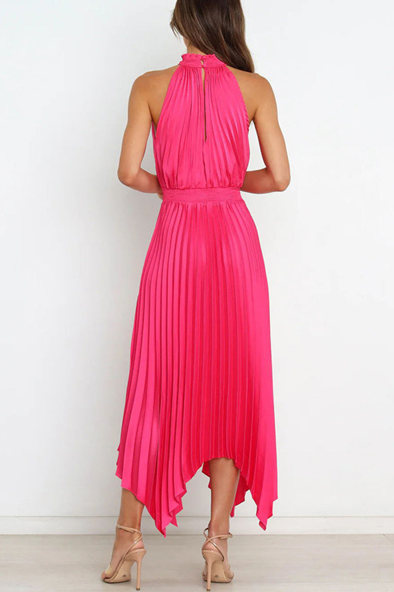 Kaynafashions - Sweet Elegant Solid Fold Asymmetrical Halter Irregular Dress Dresses