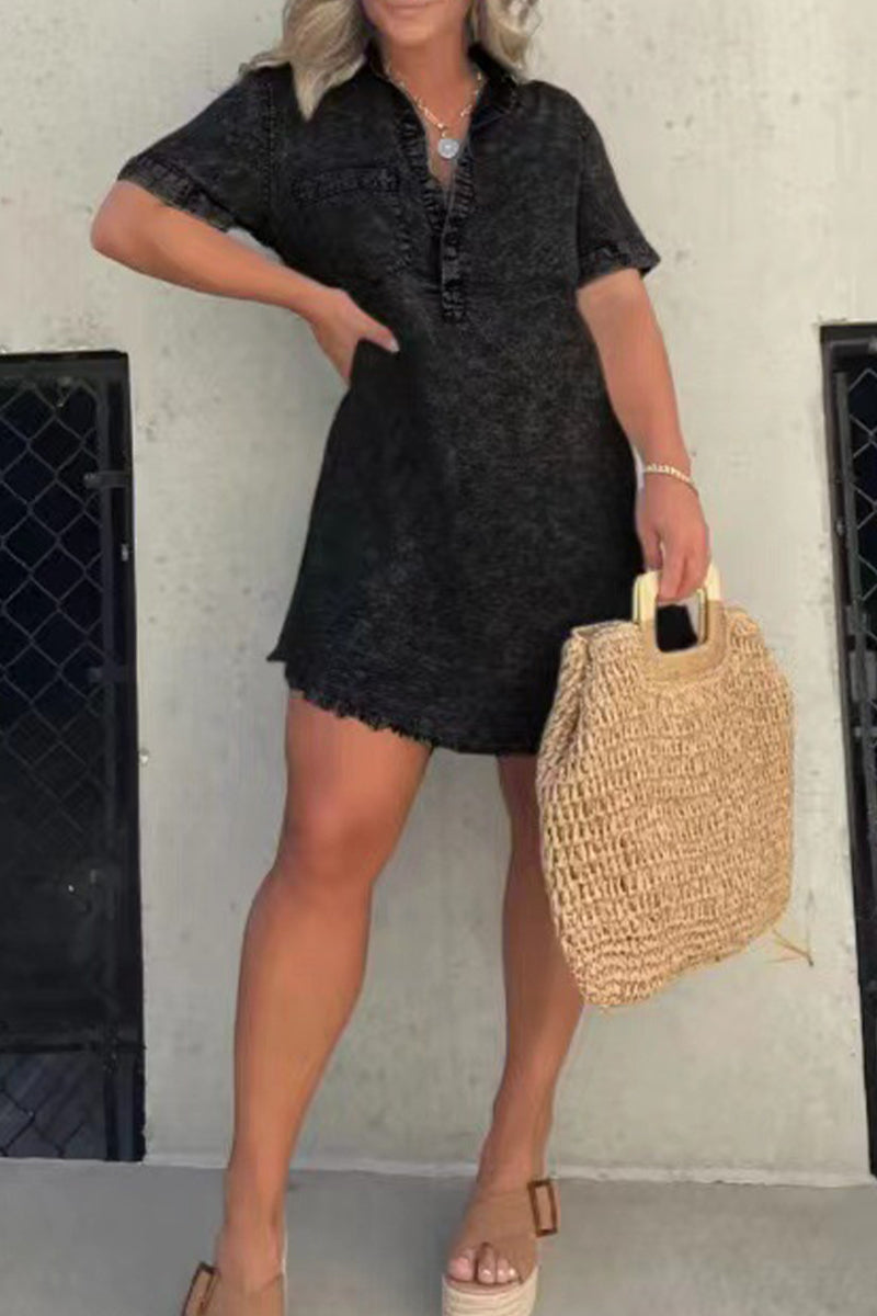 Kaynafashions - Casual Solid Pocket Turndown Collar A Line Dresses