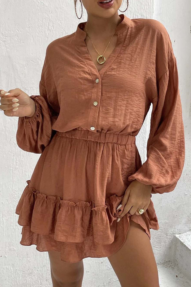 Kaynafashions - Casual Solid Flounce Half A Turtleneck Waist Skirt Dresses