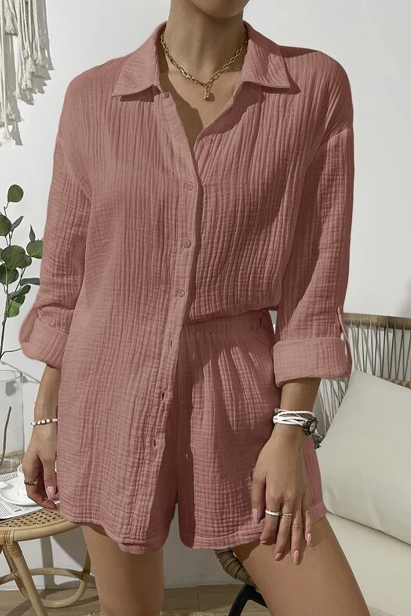 Kaynafashions - Casual Simplicity Solid Fold Turndown Collar Long Sleeve Two Pieces