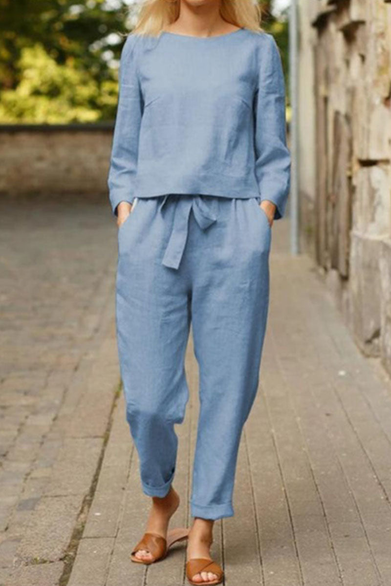 Kaynafashions - Fashion Vintage Solid Patchwork O Neck Long Sleeve Two Pieces(4 Colors)