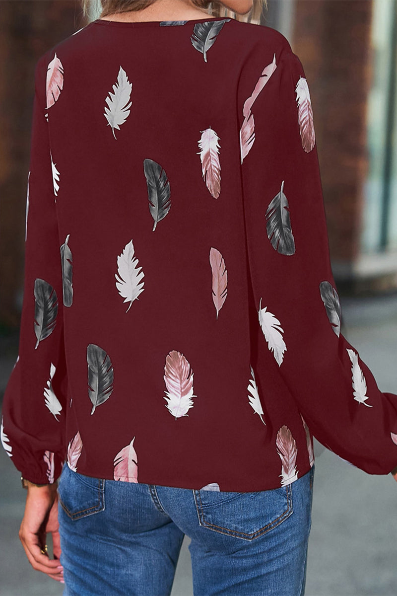 Kaynafashions - Casual Print Feathers Printing V Neck Tops(7 Colors)