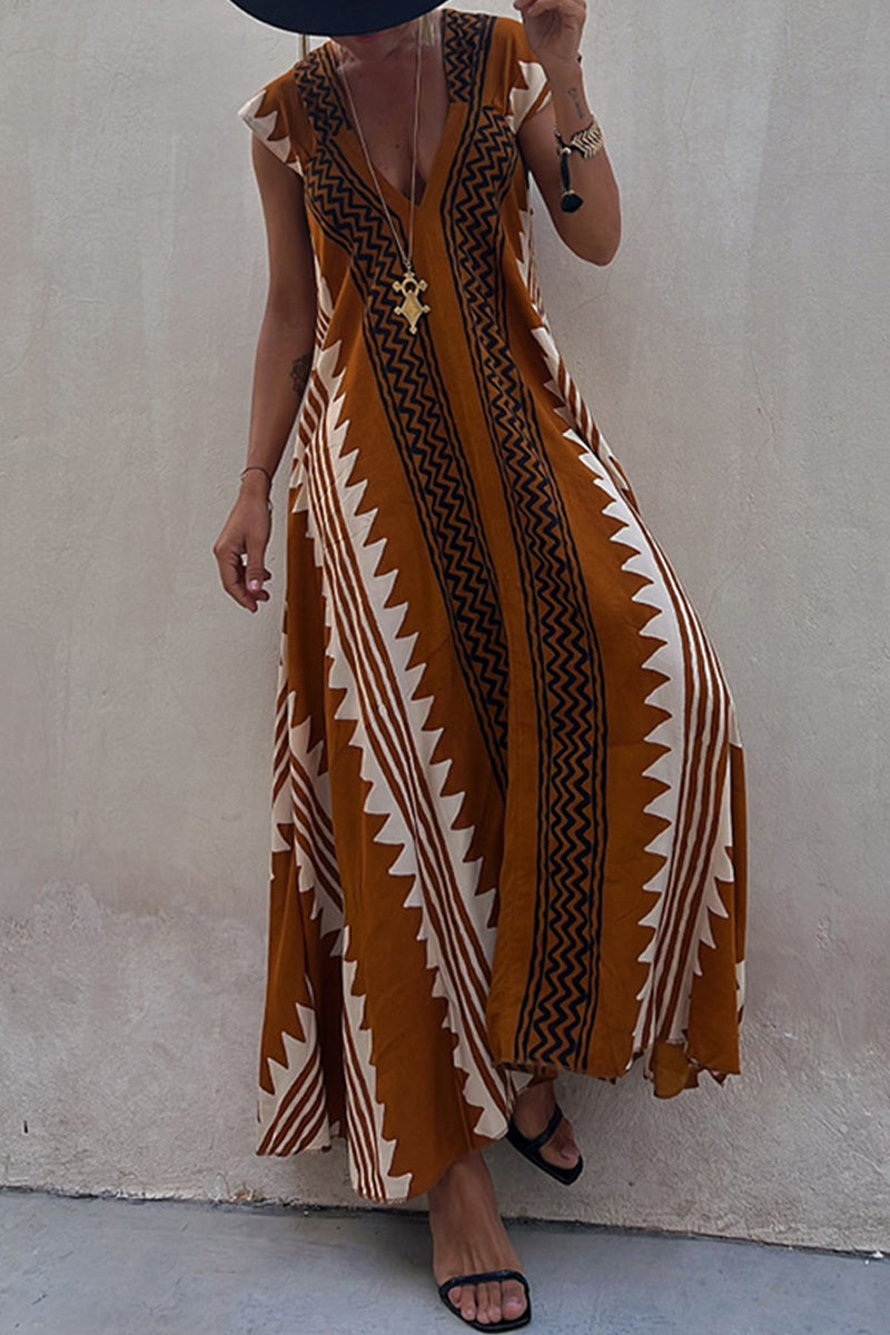 Kaynafashions - Casual College Geometric Print Fold V Neck A Line Dresses