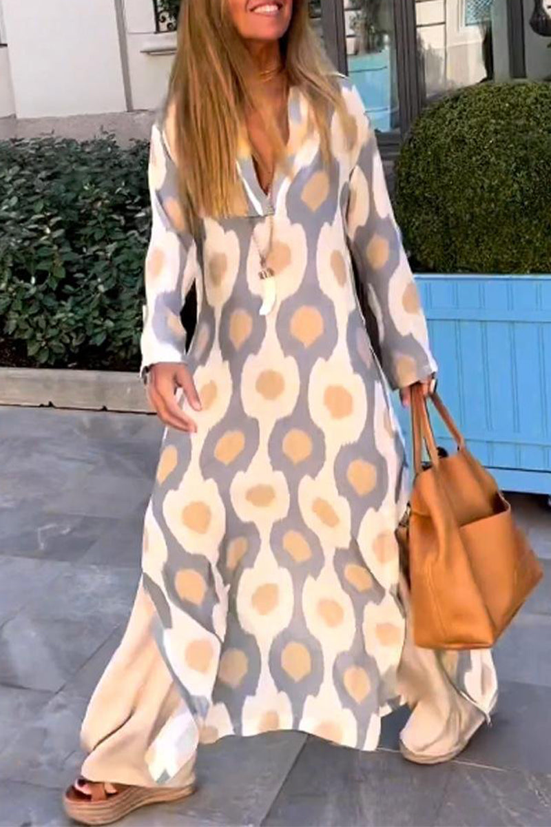 Kaynafashions - Casual Geometric Print Patchwork V Neck Printed Dress Dresses