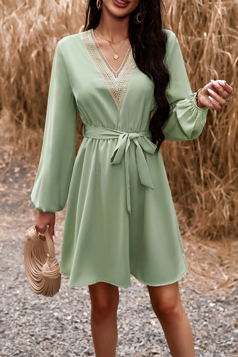 Kaynafashions - Elegant Solid Lace Bandage V Neck A Line Dresses