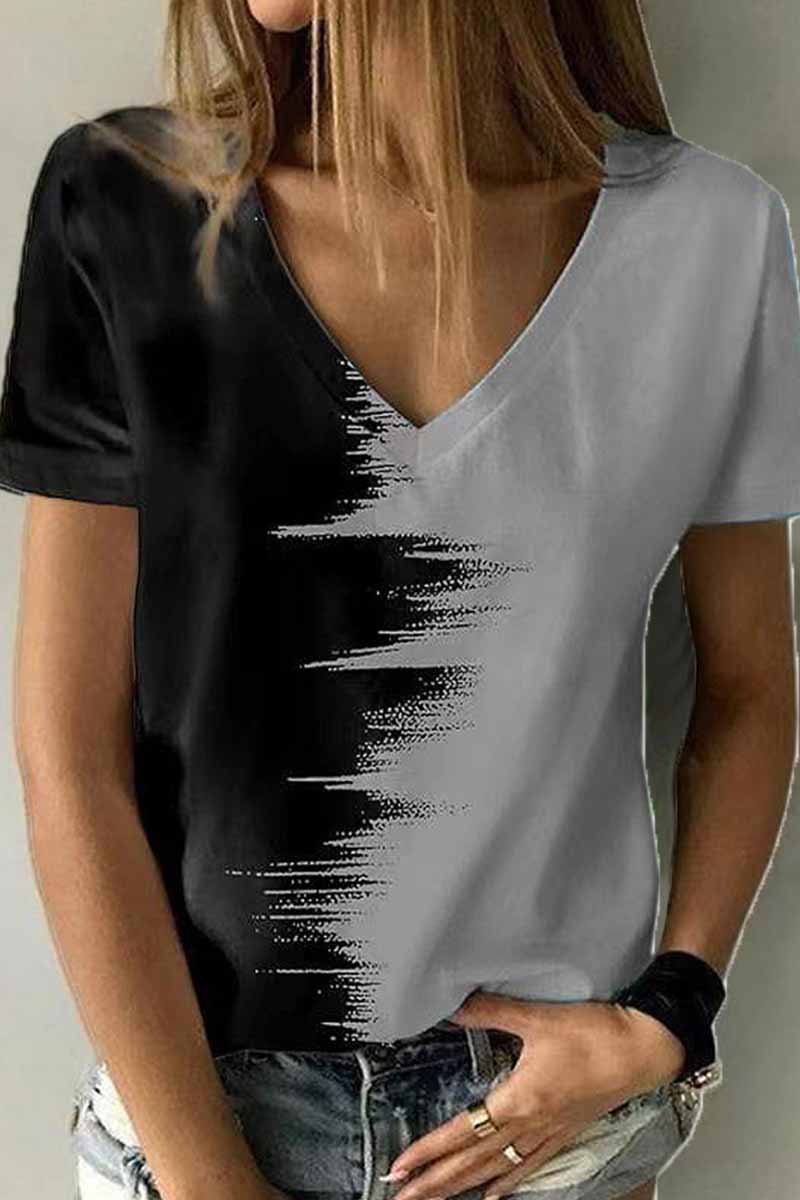 Kaynafashions - Street Print Patchwork V Neck T-Shirts(12 Colors)