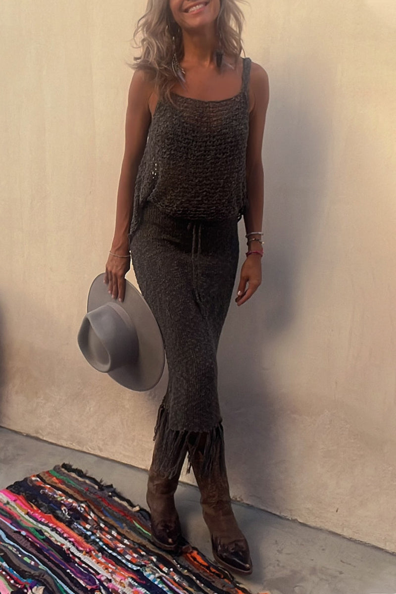 Kaynafashions - Sexy Solid Tassel Hollowed Out U Neck Sleeveless Two Pieces(3 Colors)