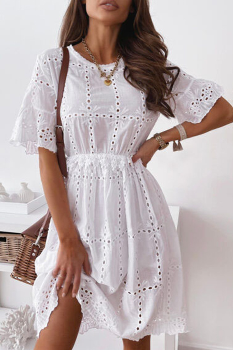 Kaynafashions - Casual Solid Patchwork O Neck Cake Skirt Dresses