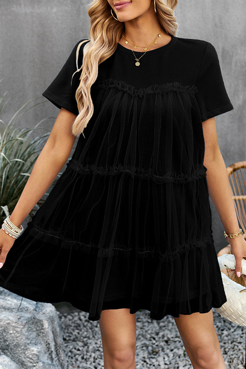 Kaynafashions - Sweet Elegant Solid Mesh O Neck Short Sleeve Dress