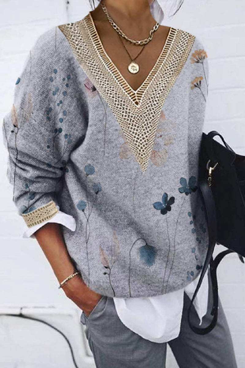 Kaynafashions - Casual Print Patchwork V Neck Tops