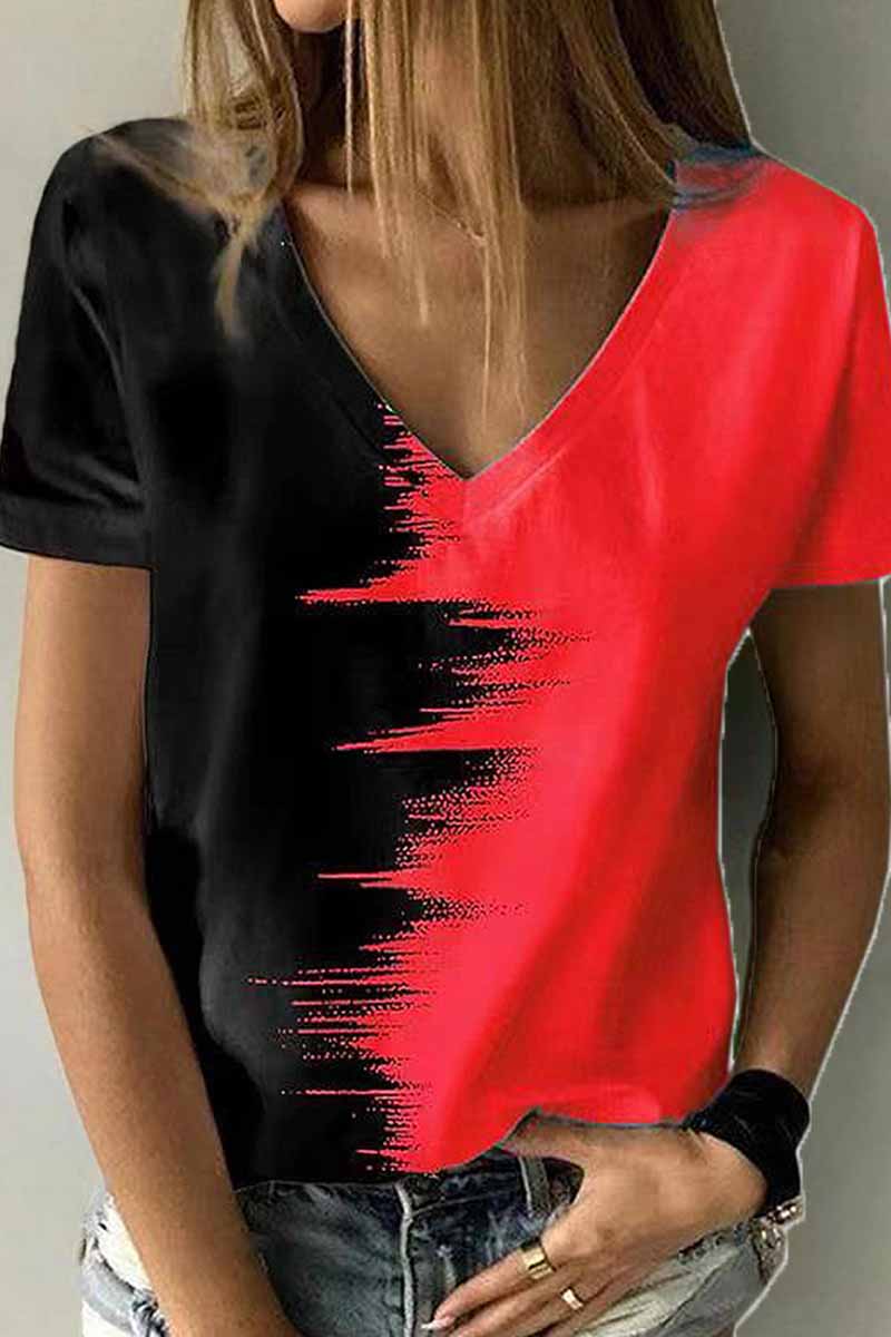 Kaynafashions - Street Print Patchwork V Neck T-Shirts(12 Colors)