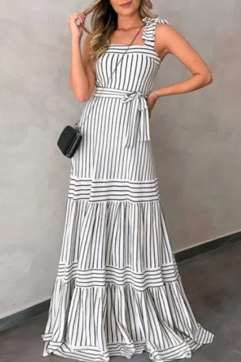 Kaynafashions - Sexy Casual Striped Bandage Patchwork Spaghetti Strap Pleated Dresses