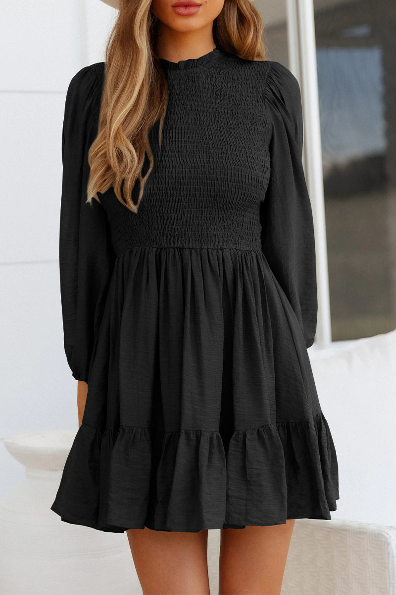 Kaynafashions - Fashion Solid Flounce O Neck Long Sleeve Dresses(11 colors)