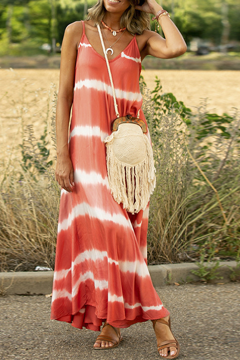 Kaynafashions - Casual Print Patchwork Spaghetti Strap Cake Skirt Dresses(6 colors)