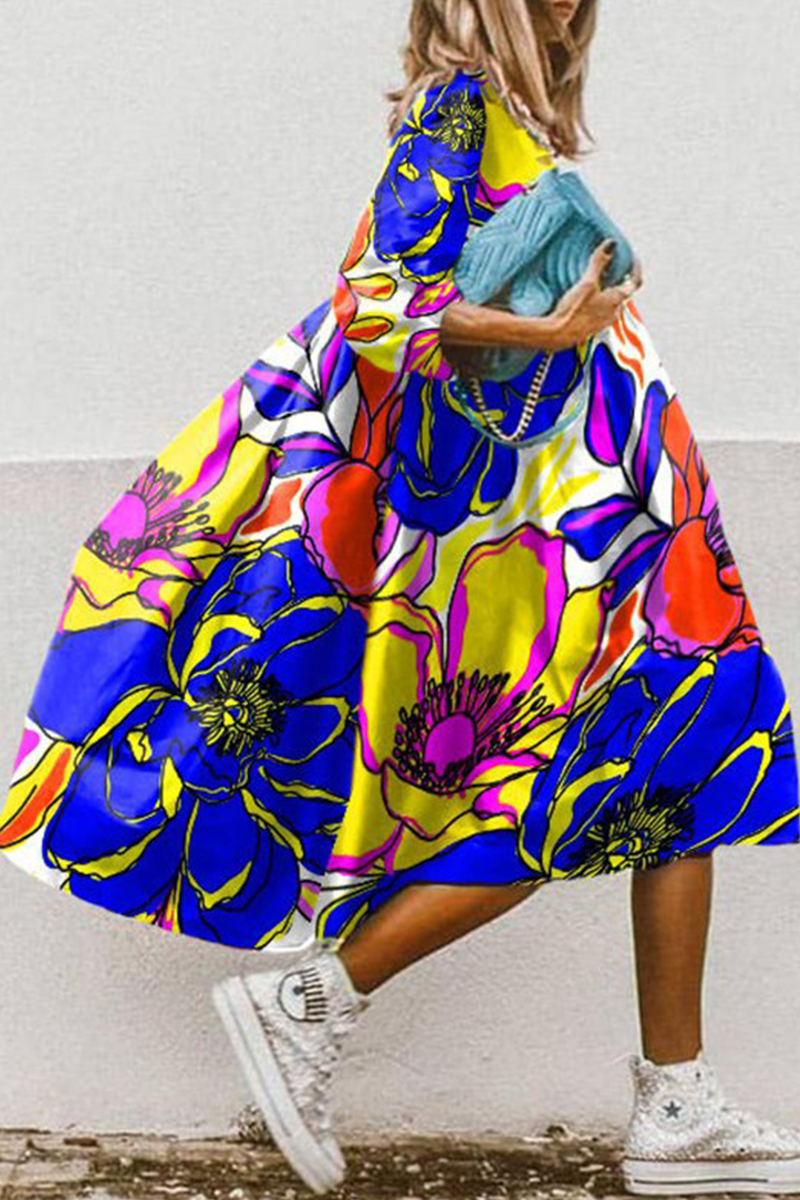 Kaynafashions - Casual Print Patchwork Turndown Collar Cake Skirt Dresses(11 Colors)