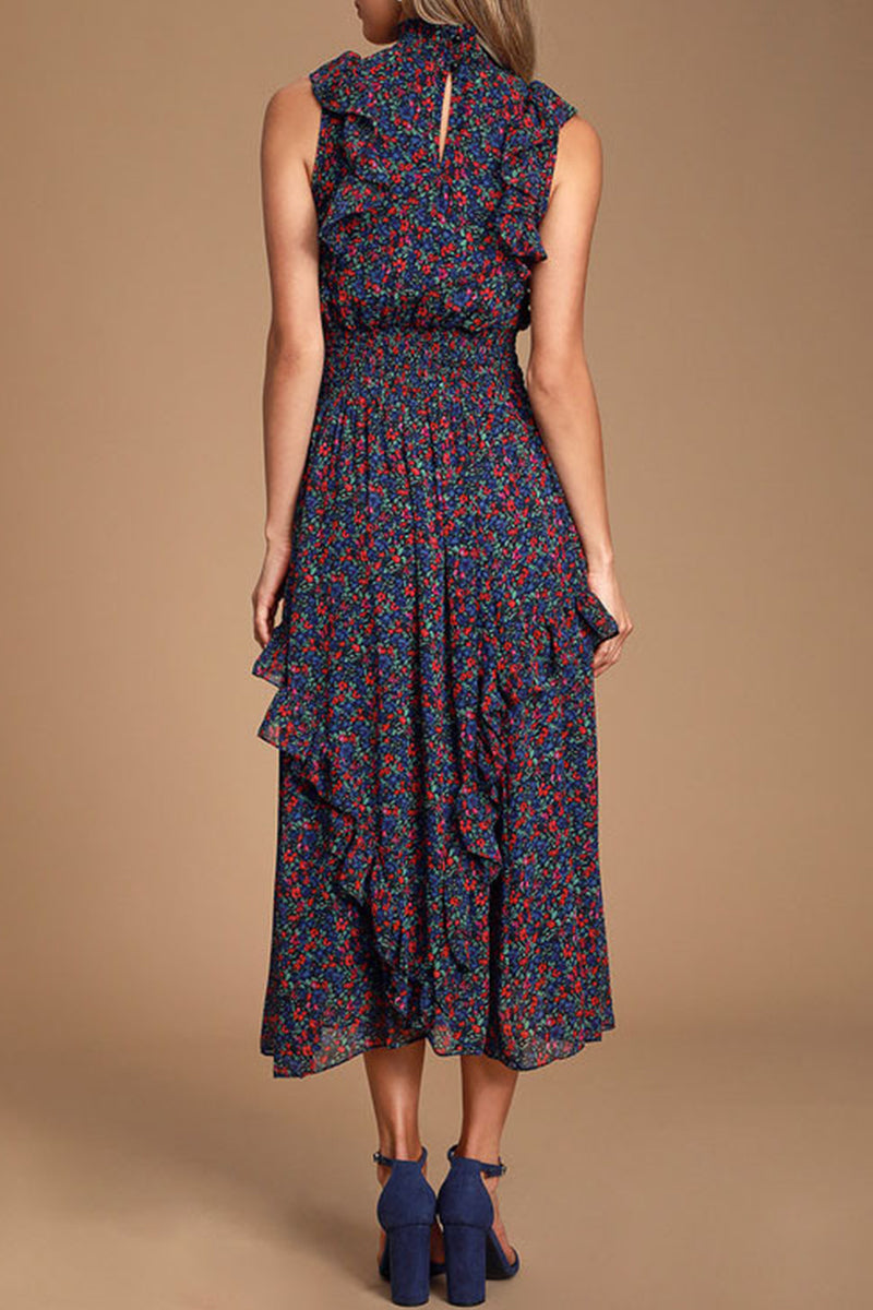 Kaynafashions - Elegant College Floral Patchwork Turtleneck Waist Skirt Dresses