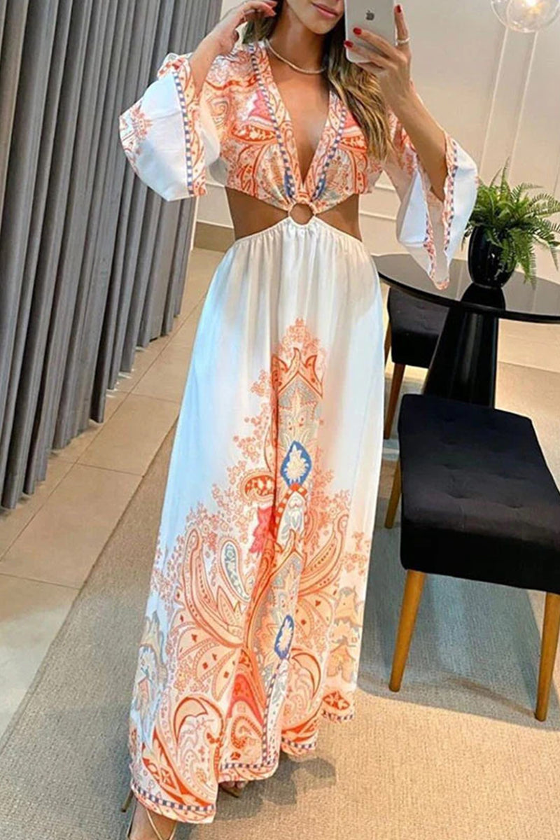 Kaynafashions - Bohemian College Print Hollowed Out Patchwork V Neck Beach Dress Dresses