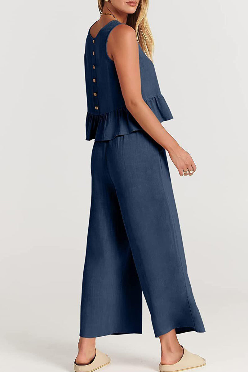 Kaynafashions - Casual Simplicity Solid Pocket Buttons O Neck Sleeveless Two Pieces