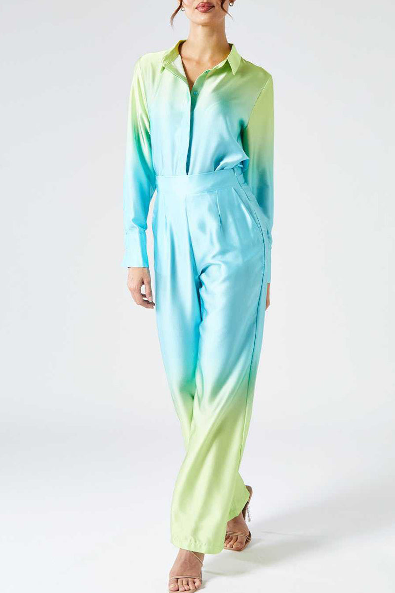 Kaynafashions - Casual Gradual Change Contrast Turndown Collar Long Sleeve Two Pieces(8 Colors)